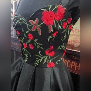 Black Fit-and-Flare Dress with Red Floral Embroidery With High-low Hem